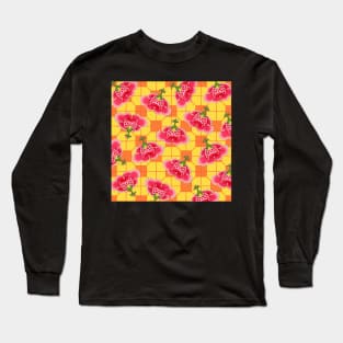 Chinese Vintage Pink and Red Flowers with Yellow and Orange Tile - Hong Kong Traditional Floral Pattern Long Sleeve T-Shirt